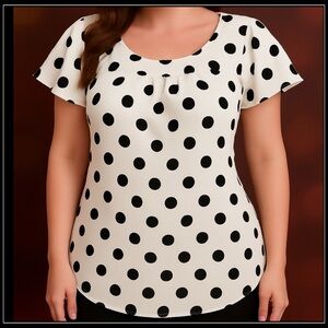 Adara 1X Plus White & Black Polka Dot Flowy Flutter Sleeve Top